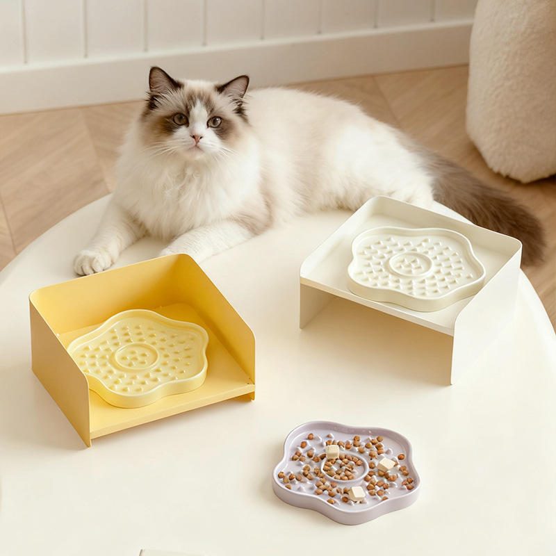 陶瓷护颈宠物慢食碗 防噎缓食舔食盘 猫狗餐盘带增高架