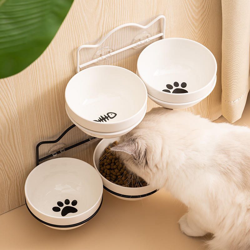 挂墙式陶瓷猫狗双碗 护颈防打翻宠物食盆饮水碗
