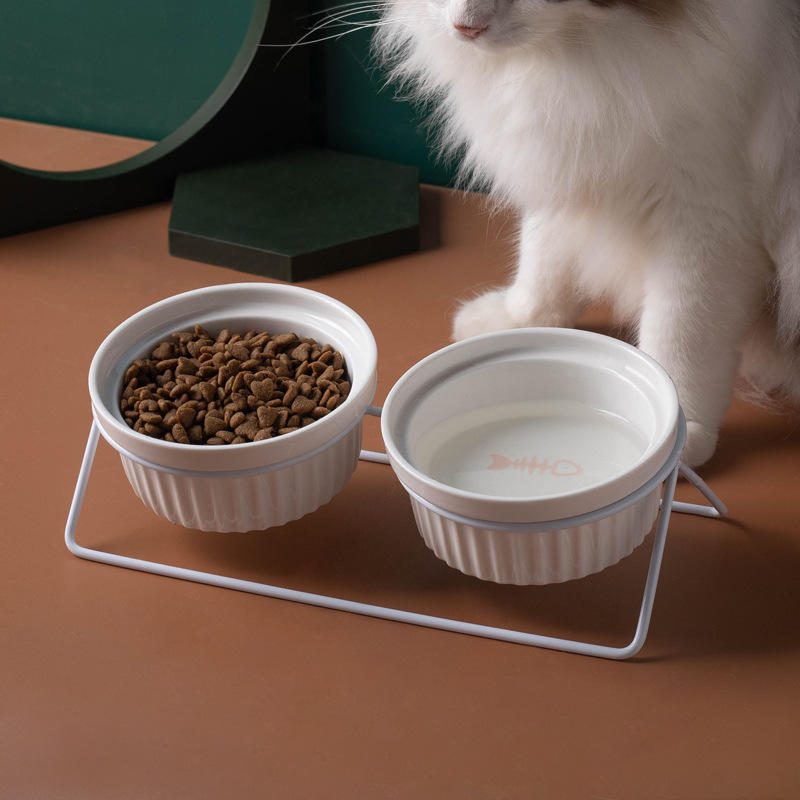 陶瓷高脚倾斜猫碗 保护颈椎宠物双碗食盆