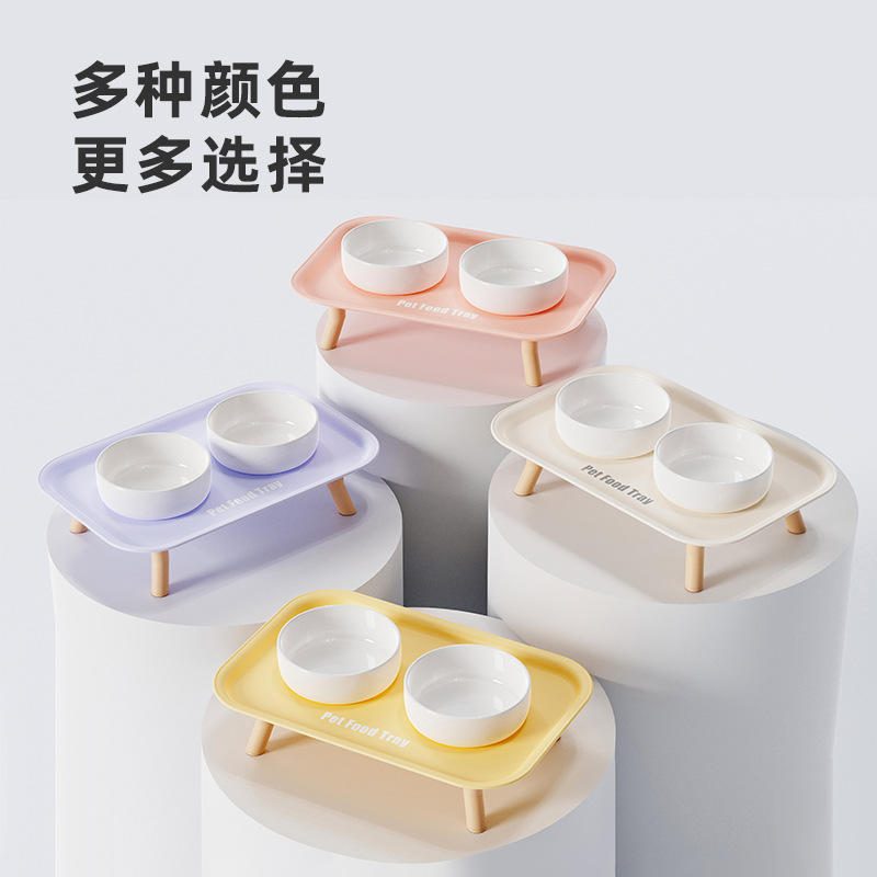 宠物陶瓷双碗餐桌 护颈防打翻防外溅猫狗水粮碗