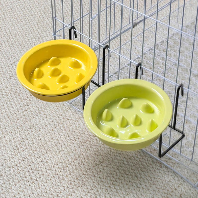 宠物陶瓷慢食碗 猫狗食盆 附挂钩铁架