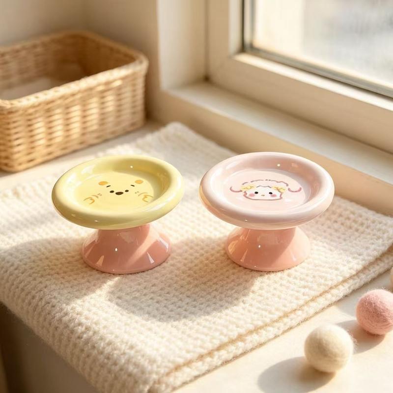 卡通陶瓷高脚宠物碗 浅口防打翻猫狗食盆 护颈粮碗罐头碗
