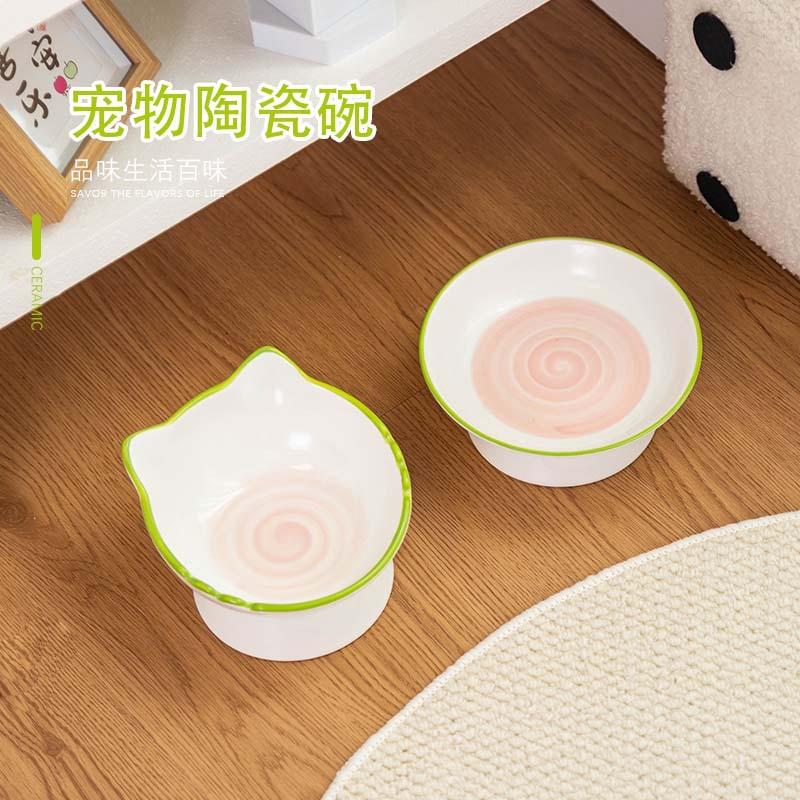 陶瓷猫碗狗食盆 高脚斜口护颈防黑下巴 防打翻大口径宠物碗
